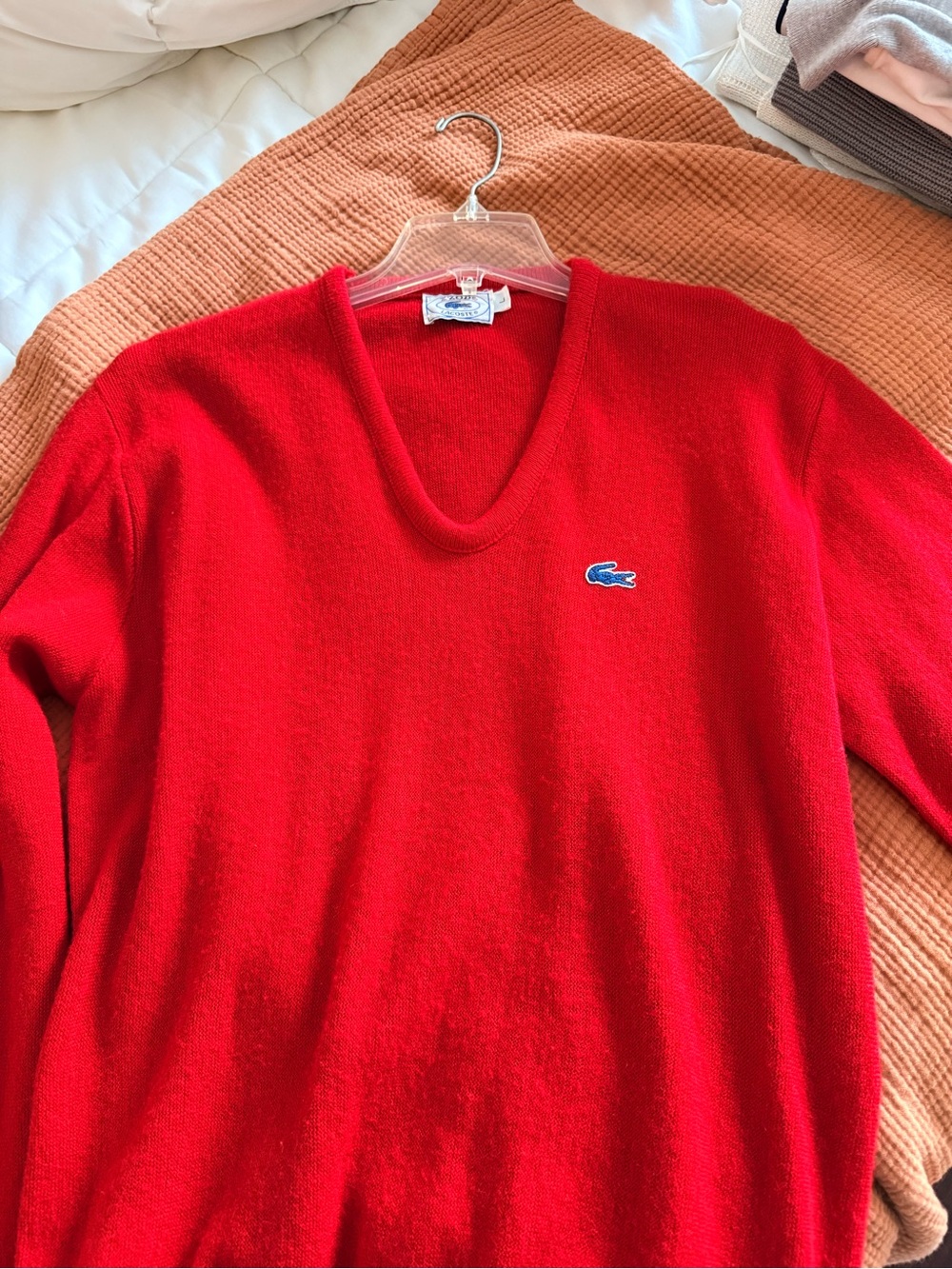 Lacoste Red V‑Neck Sweater with Crocodile Logo vintage